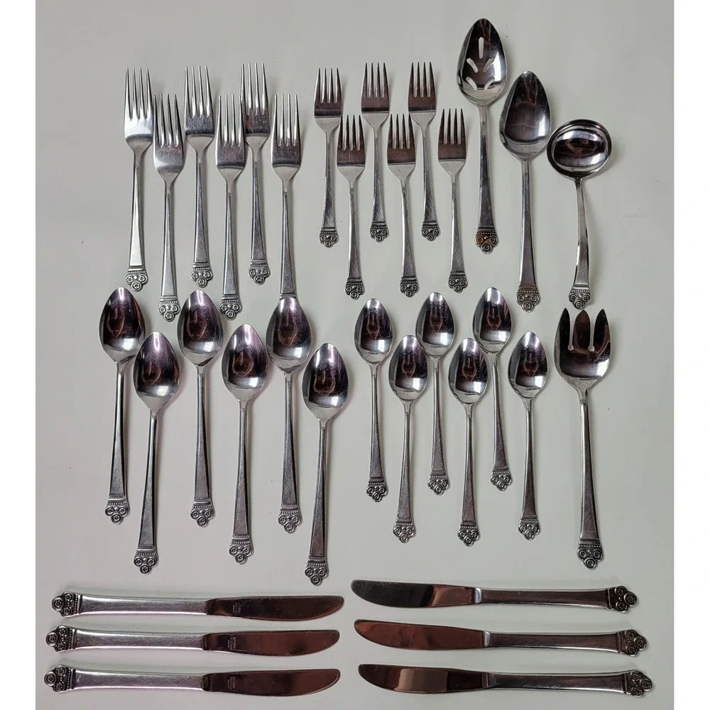 National Stainless Costa Mesa Flatware Set 31pc Japan Scroll Pattern 6 Setting